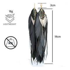 Aretes Colgantes Plumas Cuero Negro Y Oro 18k Vangania Joyeria Mujer