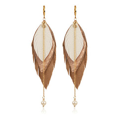 Aretes Largos Colgantes Plumas Dorado 8cm Joyería Vangania