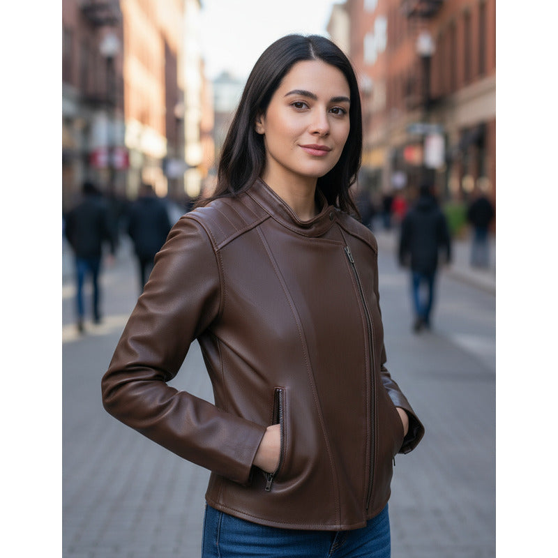 Chamarra De Piel Castelli Biker Mujer Slim Cuello Redondo