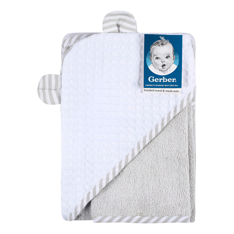 Toalla Bebé Gerber Capucha Y Mitón 100% Algodón Gris/blanco