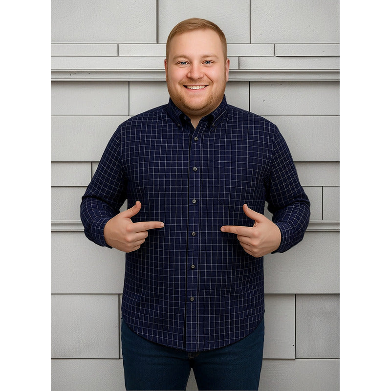 Camisa Big Kong Manga Larga Tallas Grandes Azul Cuadros