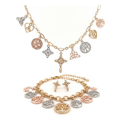 Set Collar Pulsera Aretes Nudo De Bruja Arbol De La Vida Oro Dorado