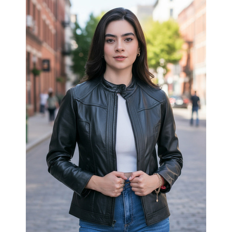 Chamarra Castelli Mujer Piel Borrego Negra Tipo Saco