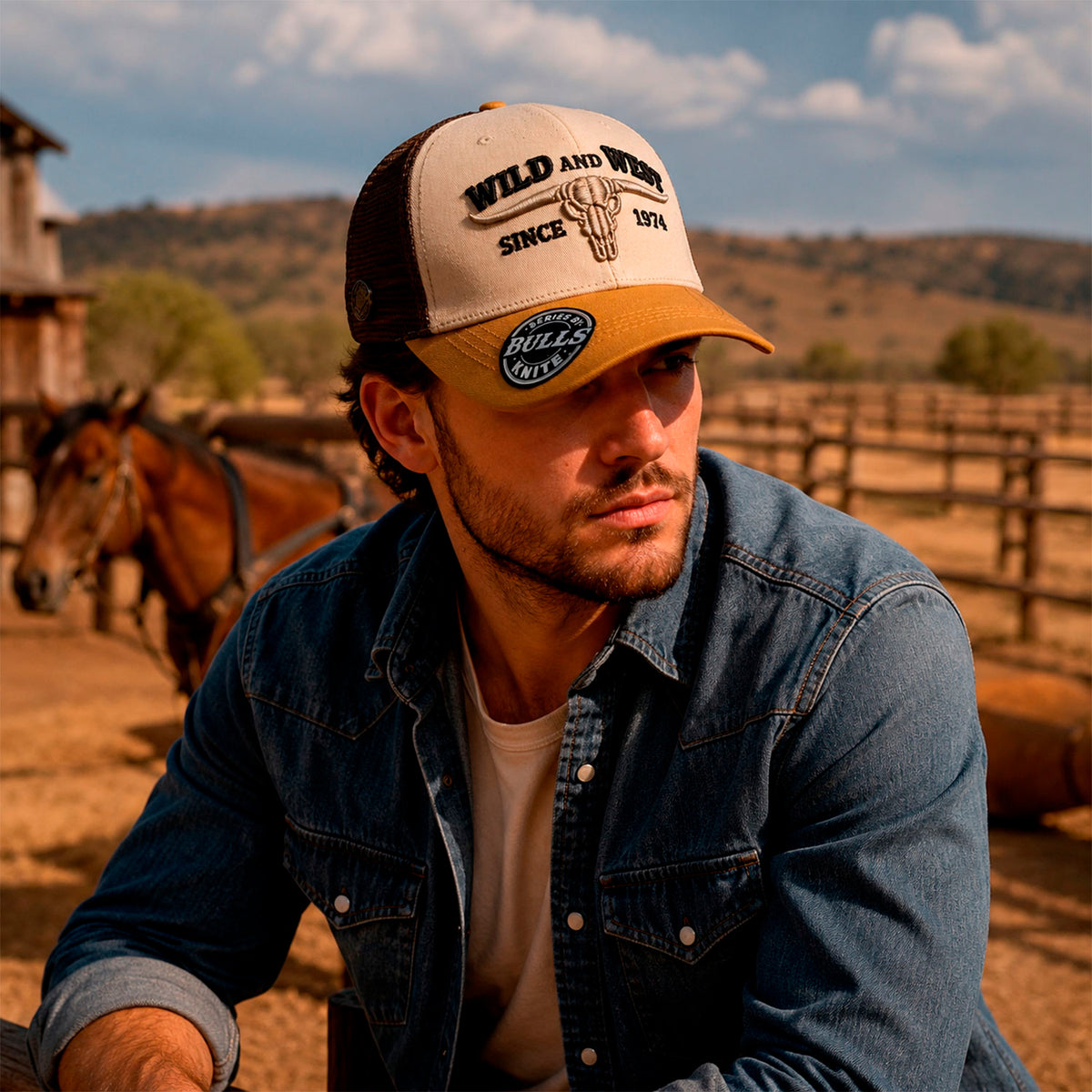 Gorra Hombre Bulls Trucker Vaquero Wild and West 1974 Beige