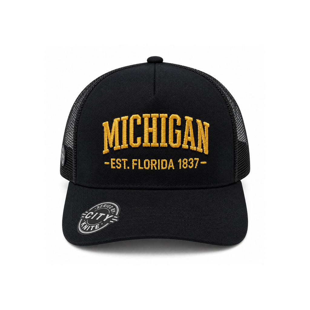 Knite Gorra Trucker para Hombre de Malla Transpirable Michigan Negra y Amarillo