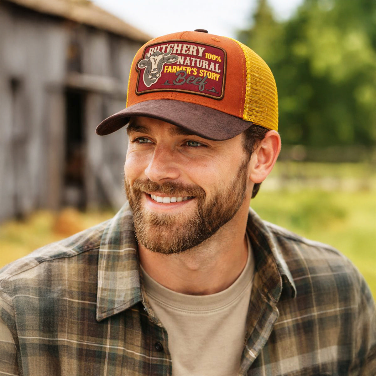 Gorra Knite Farmer Beef Red Trucker Ganado Ajustable naranja