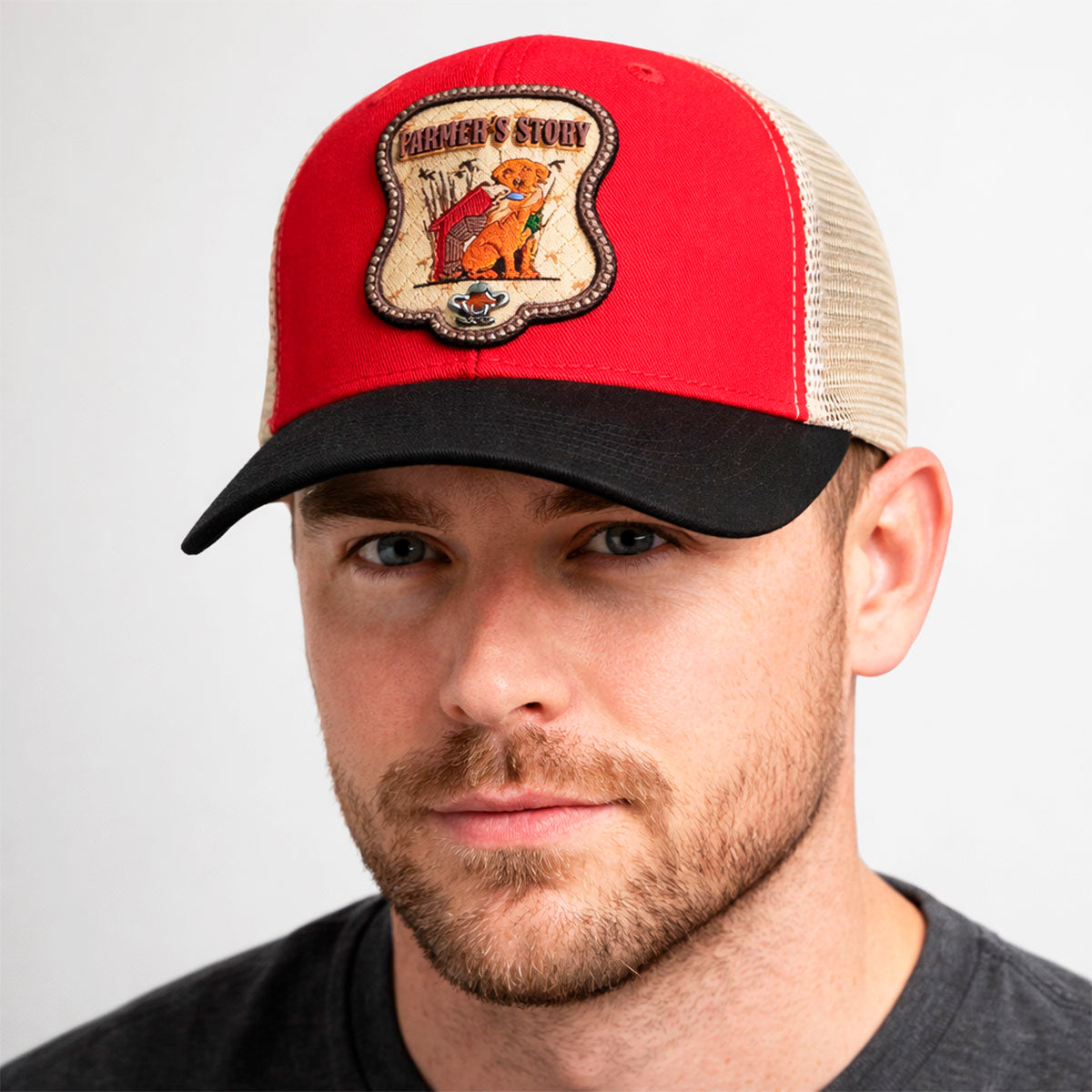 Gorra Knite Farmer Dog Yellow Trucker Ajustable Western rojo