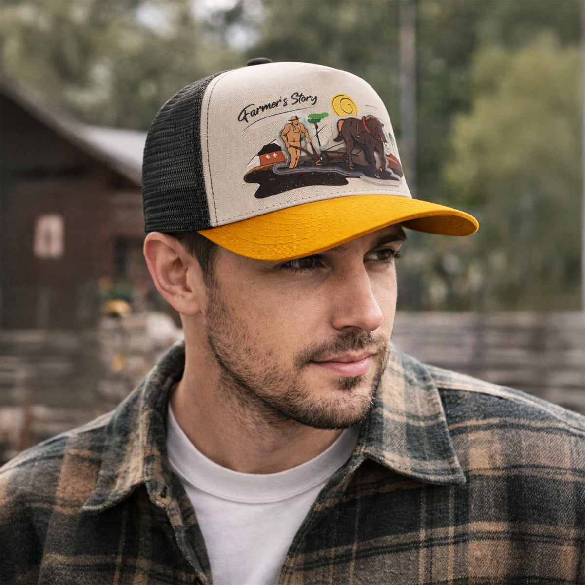 Gorra Trucker Harvest brown Ajustable Knite Estilo Campo blanco
