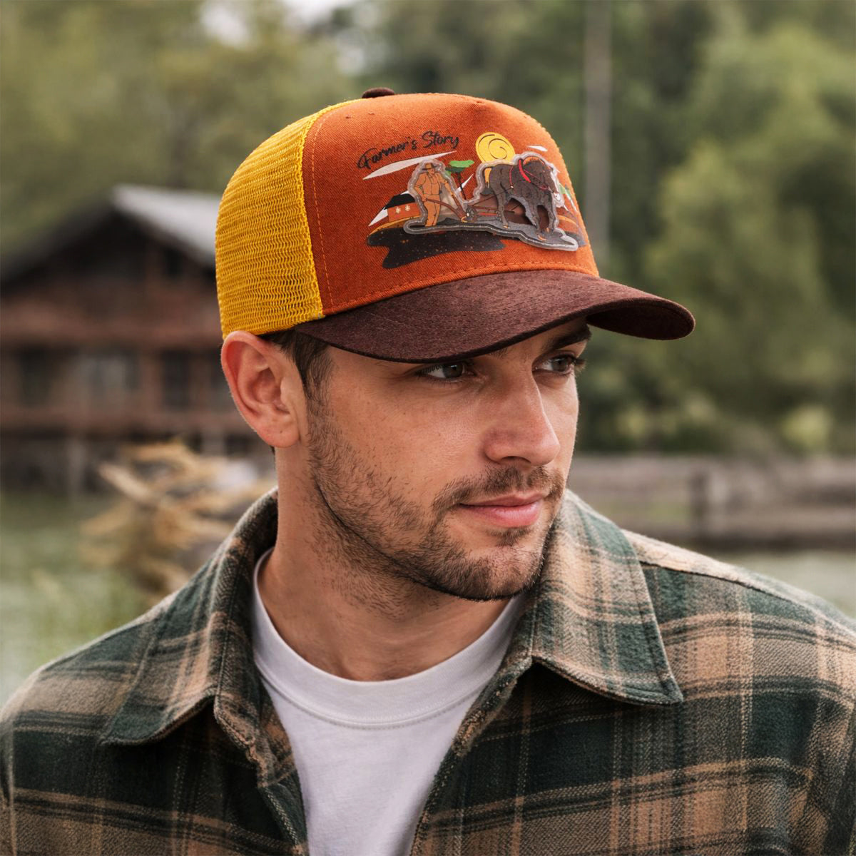 Gorra Trucker Harvest brown Ajustable Knite Estilo Campo naranja