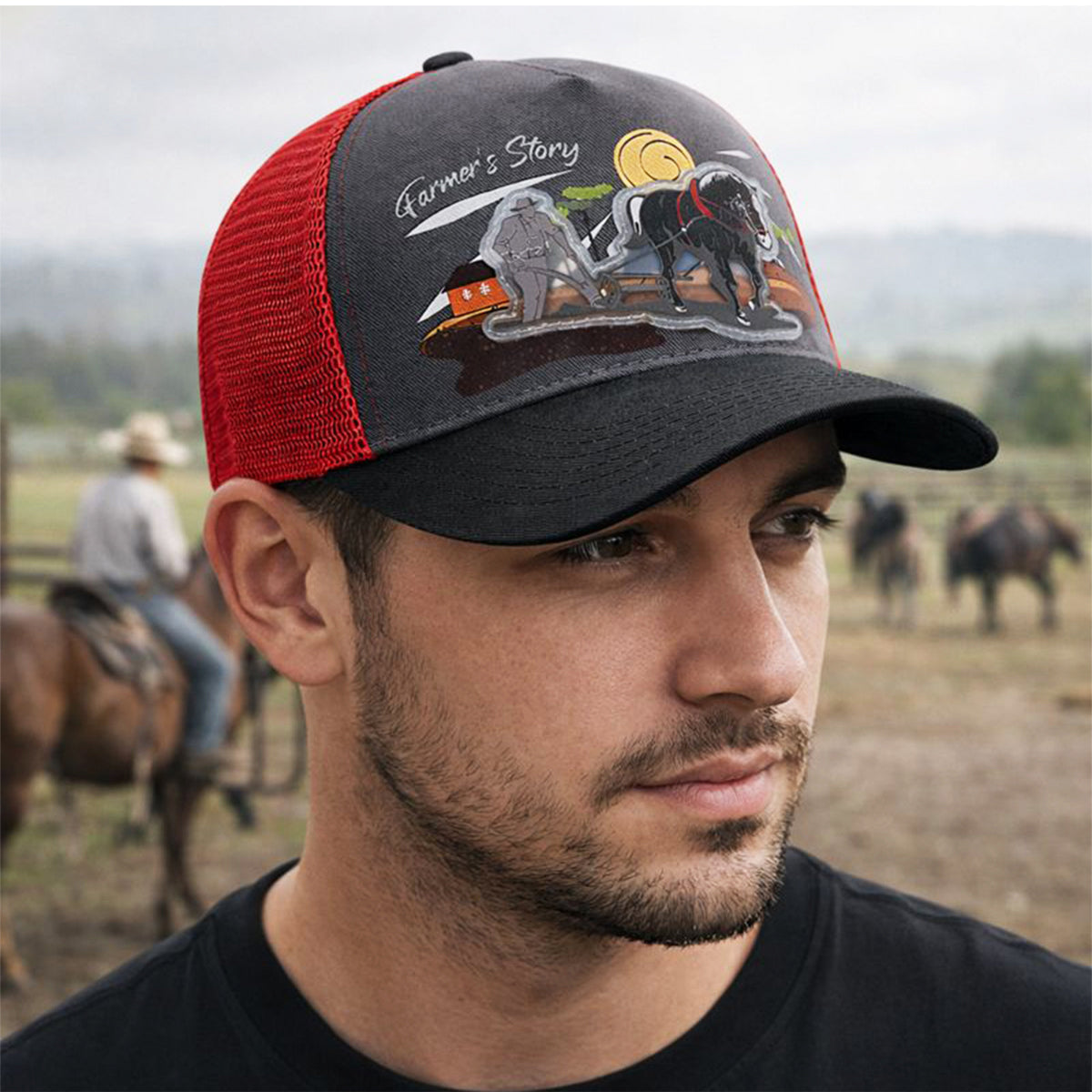 Gorra Trucker Harvest Black Ajustable Estilo Farmer Urbana rojo