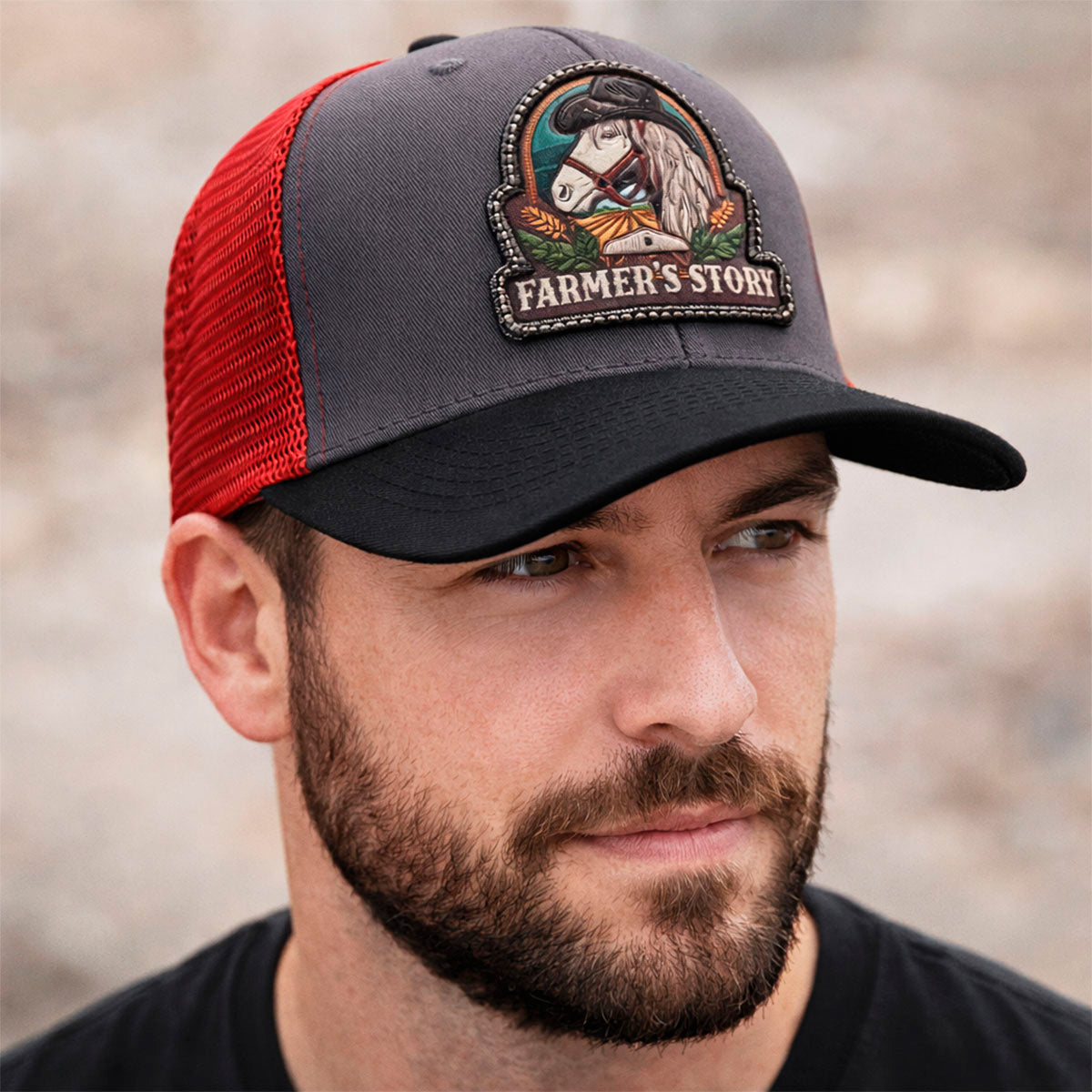 Gorra Knite Farmer Horse Black Trucker Caballo Ajustable rojo