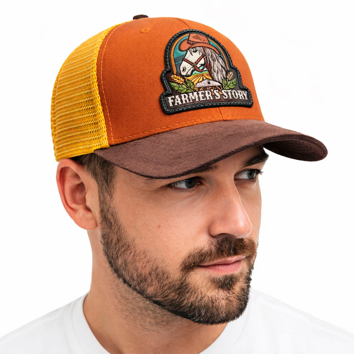 Gorra Knite Farmer Horse Brown Agro Trucker Caballo Rancho naranja