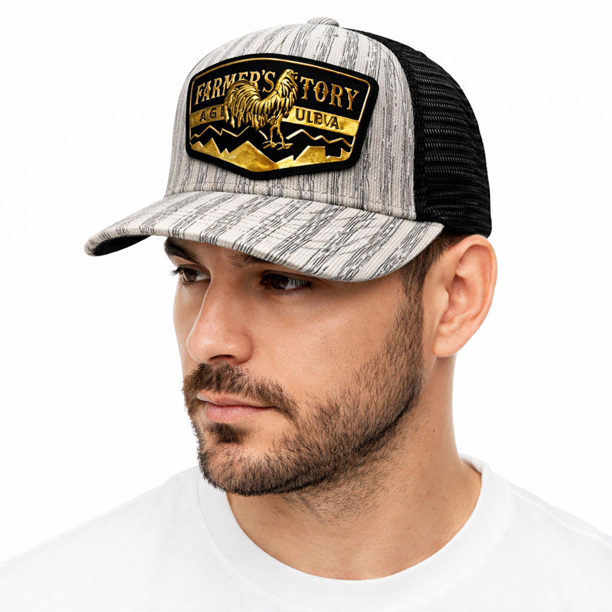 Gorra Knite Farmer Rooster Gold Trucker Gallo Oro Ajustable blanco