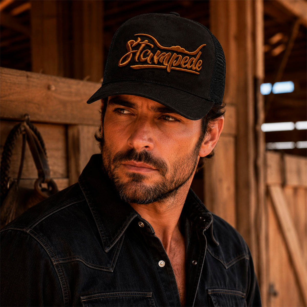 Gorra Trucker Caballero Stampede Black Negra Bordada negro