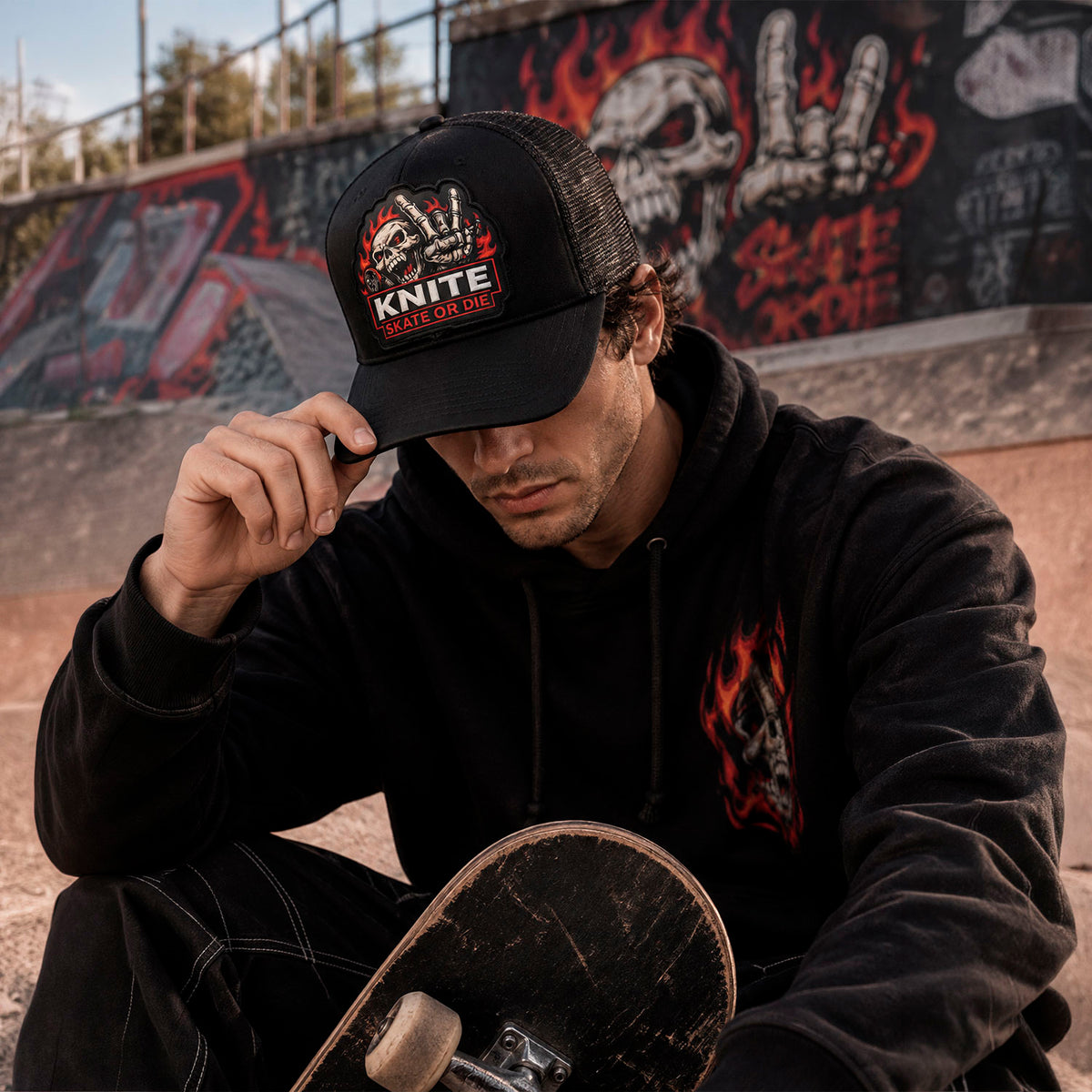 Gorra Knite Skate Negra Hombre Snapback Parche Impreso