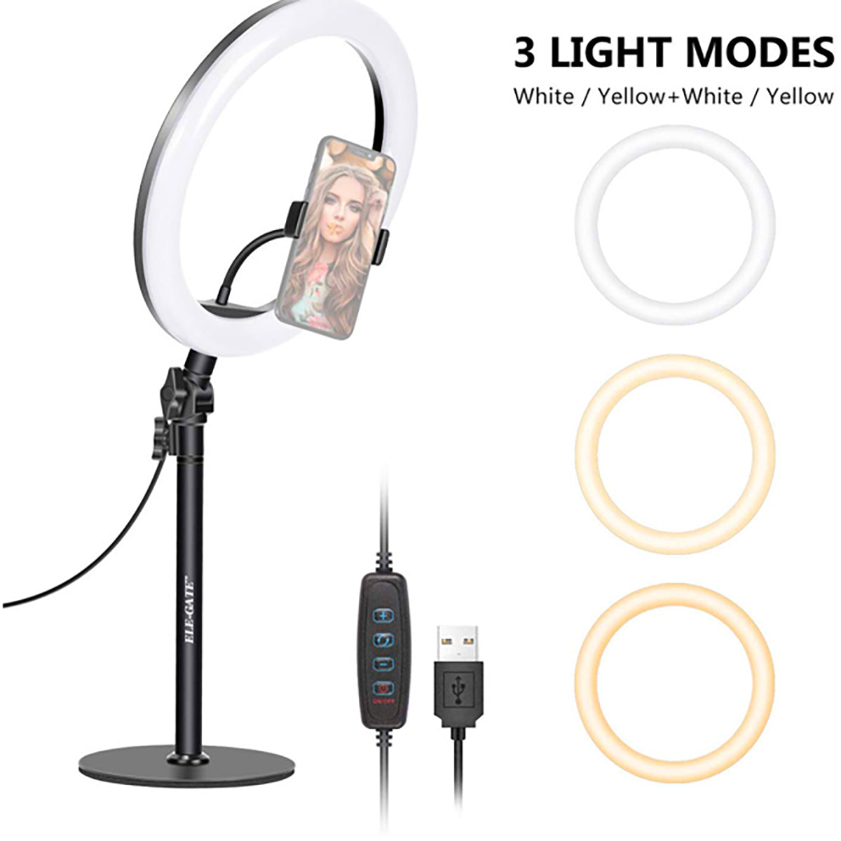 Aro Luz Led Elegate 8 Pulgadas Para Smartphone - Negro Blanco cálido/Blanco frío