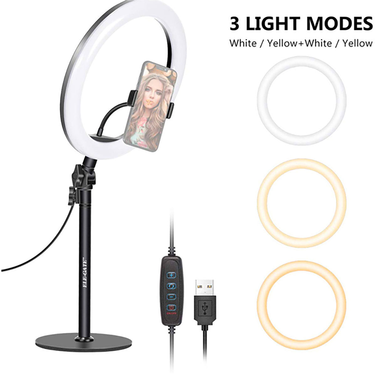 Aro Luz Led Elegate De 10 Pulgadas Con Soporte Para Mesa - Negro Blanco cálido/Blanco frío