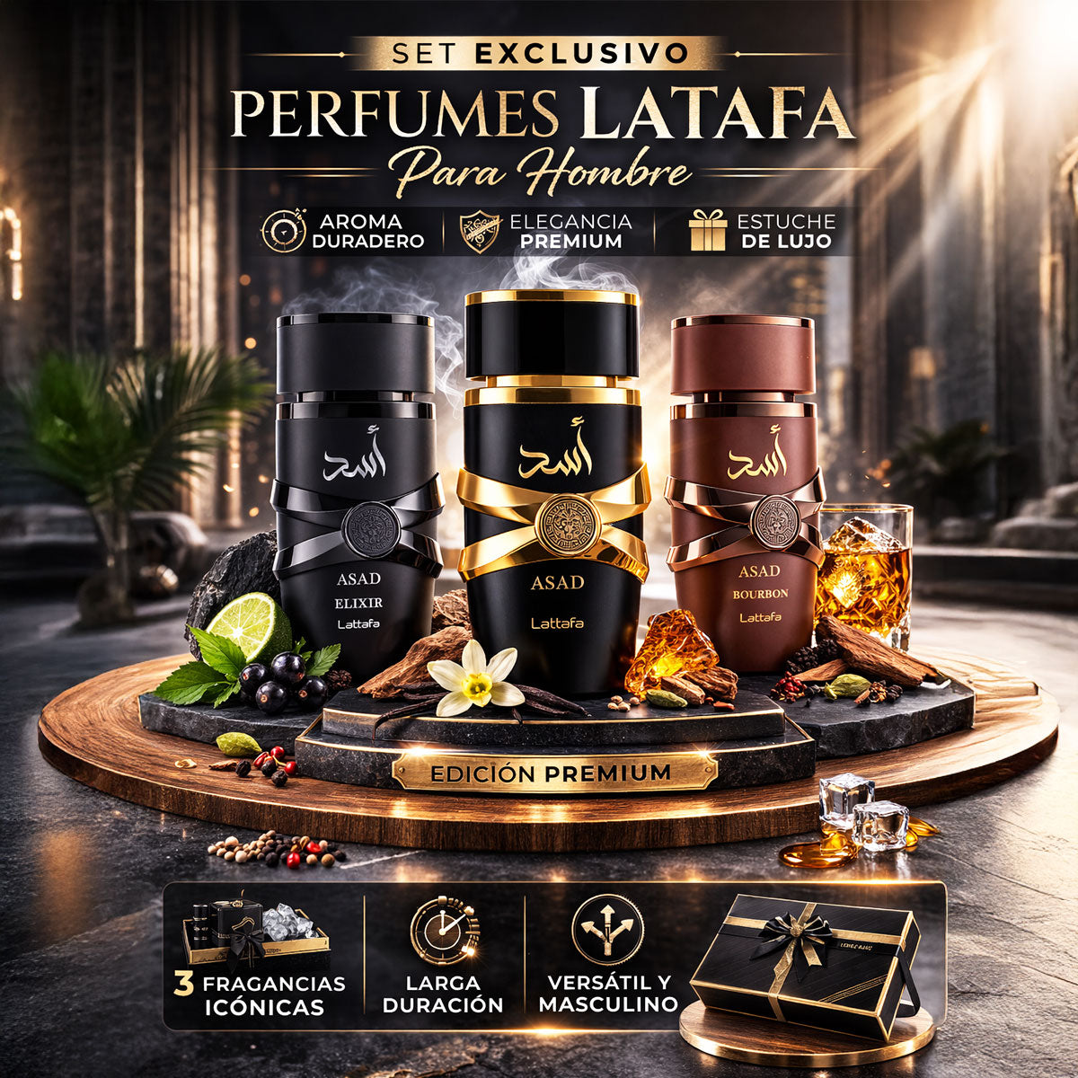 Kit 3 Perfumes Lattafa Asad Hombre Elixir Bourbon Premium