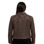 Chamarra castelli biker mujer piel borrego café slim cuello redondo