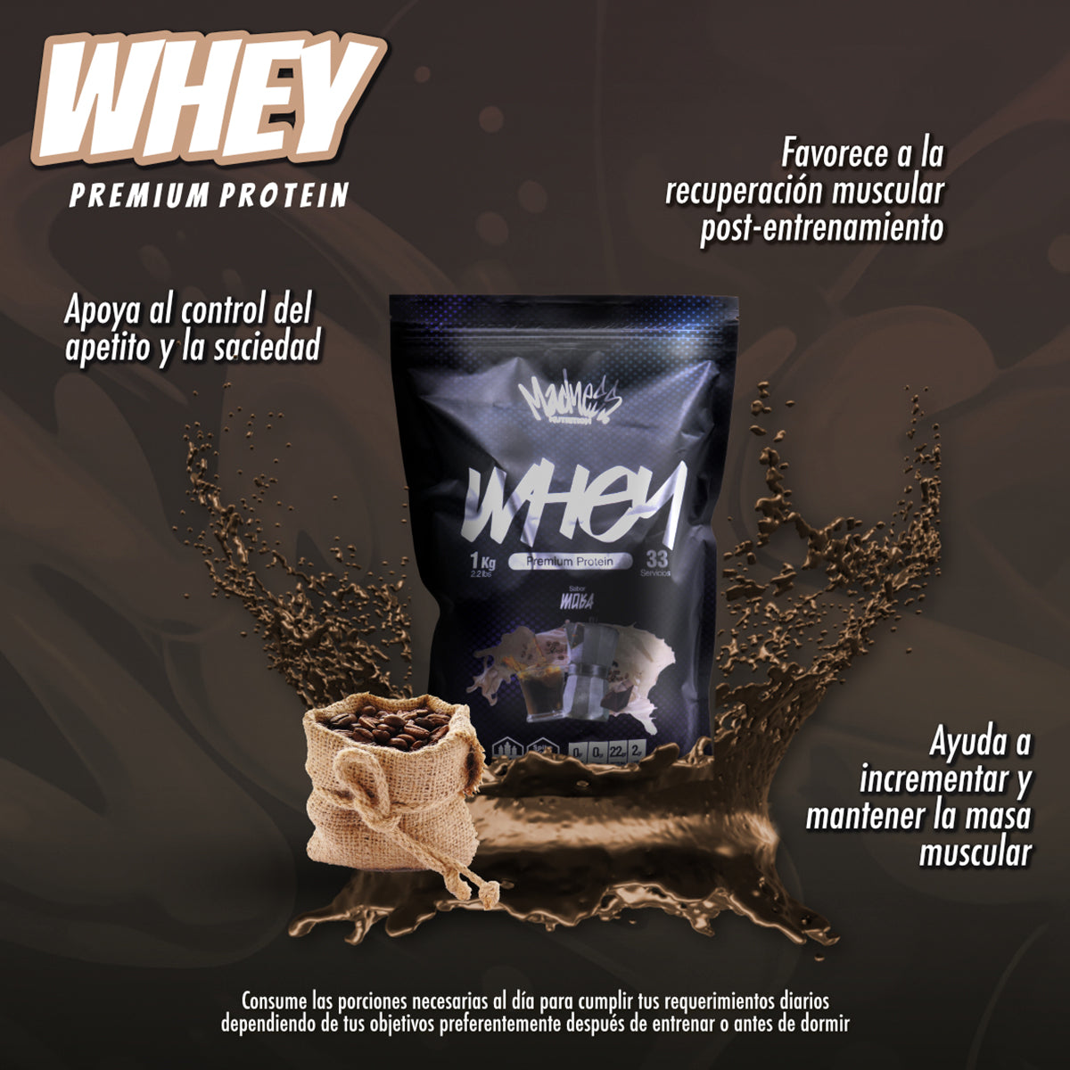Costal proteína whey Madness 1 kilogramo premium suplemento