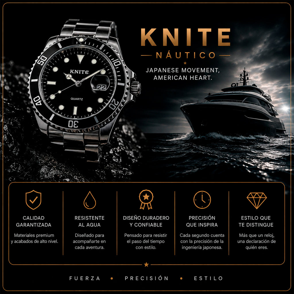 Reloj Hombre Knite Nautico Acero Esfera Negra Cuarzo