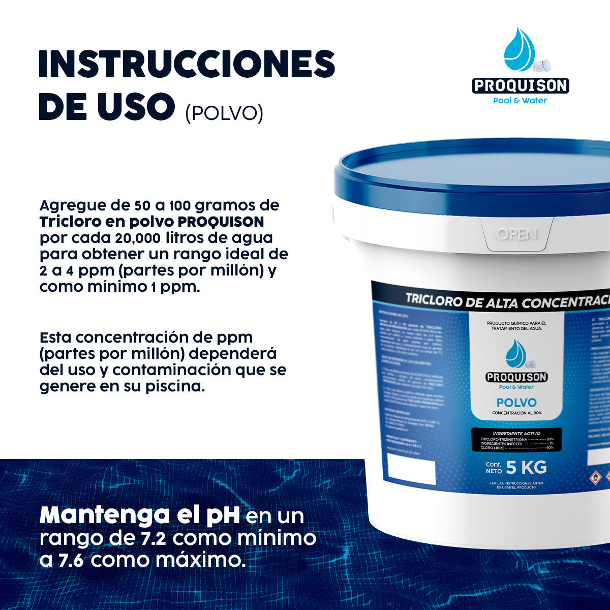 Cloro para alberca en polvo 5 kg Proquison 90% desinfección