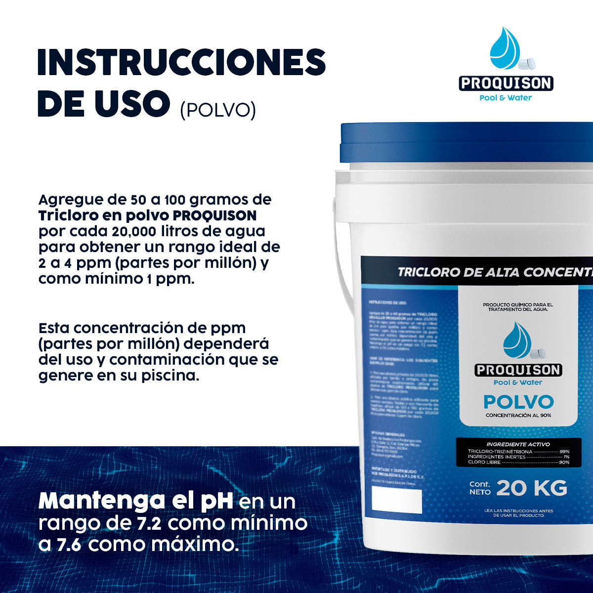 Cloro para alberca en polvo 20 kg Proquison 90% desinfección