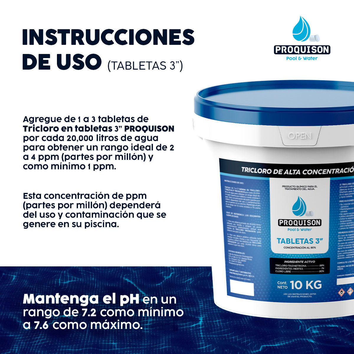 Cloro para alberca 10 kg tabletas 3 pulgadas Proquison 90%