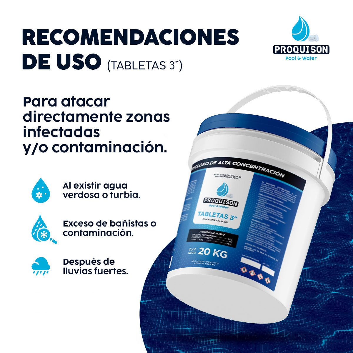 Cloro para alberca 20 kg tabletas 3 pulgadas Proquison 90%