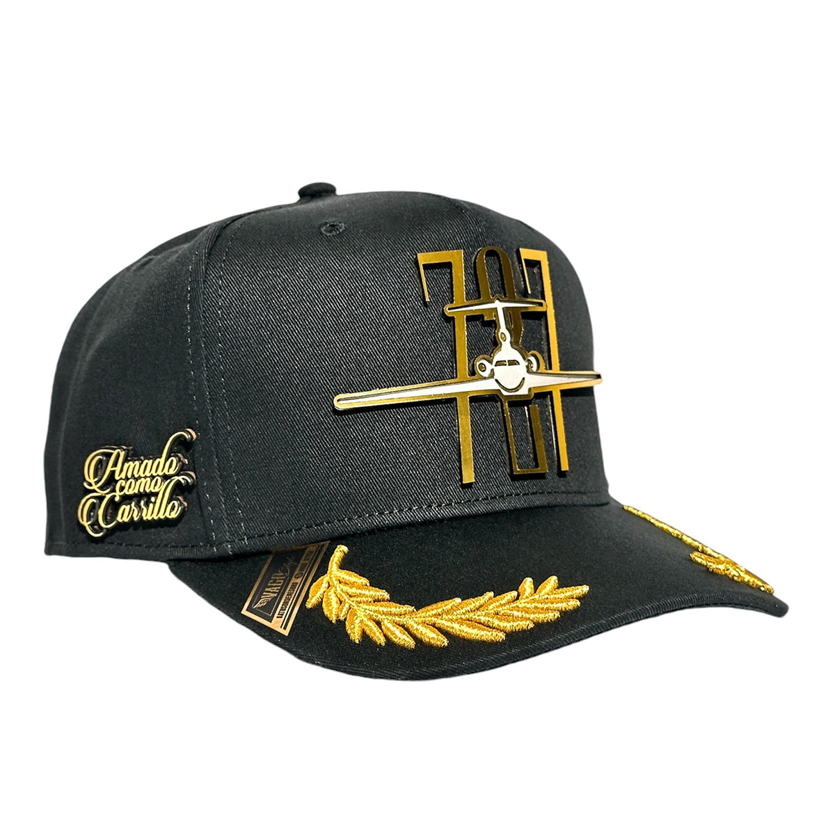 VAGO Style AMADO CARRILLO Gorra Unica Artesanal Negra Ajustable con Visera Curva con Laureles Dorado