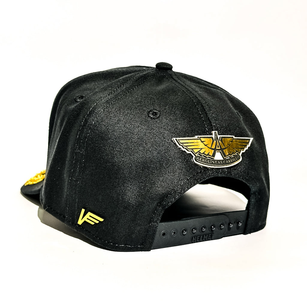 VAGO Style AMADO CARRILLO Gorra Unica Artesanal Negra Ajustable con Visera Curva con Laureles Dorado