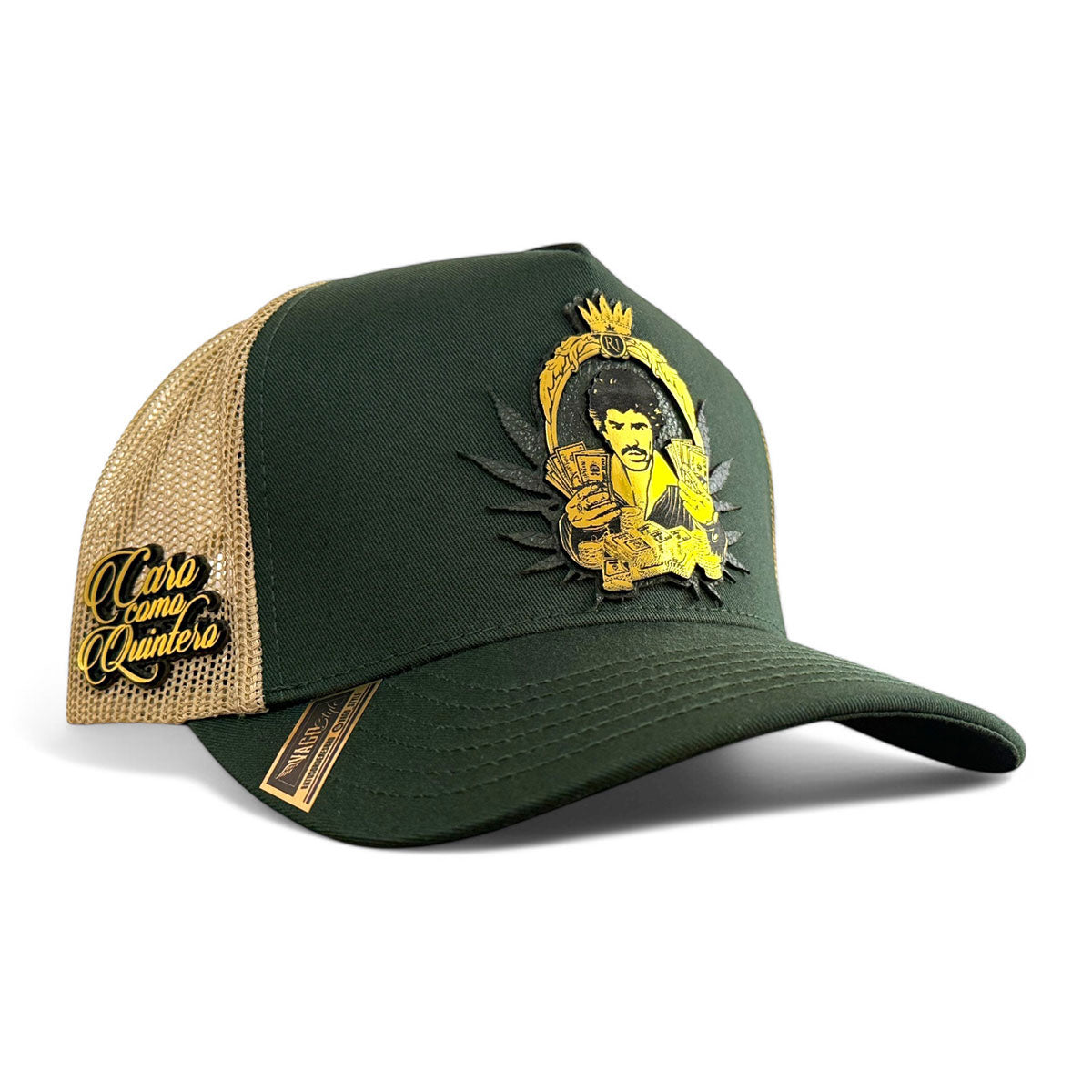 VAGO Style CARO COMO QUINTERO Gorra Unica Artesanal Verde Obscuro y Malla Dorada Ajustable con Viser