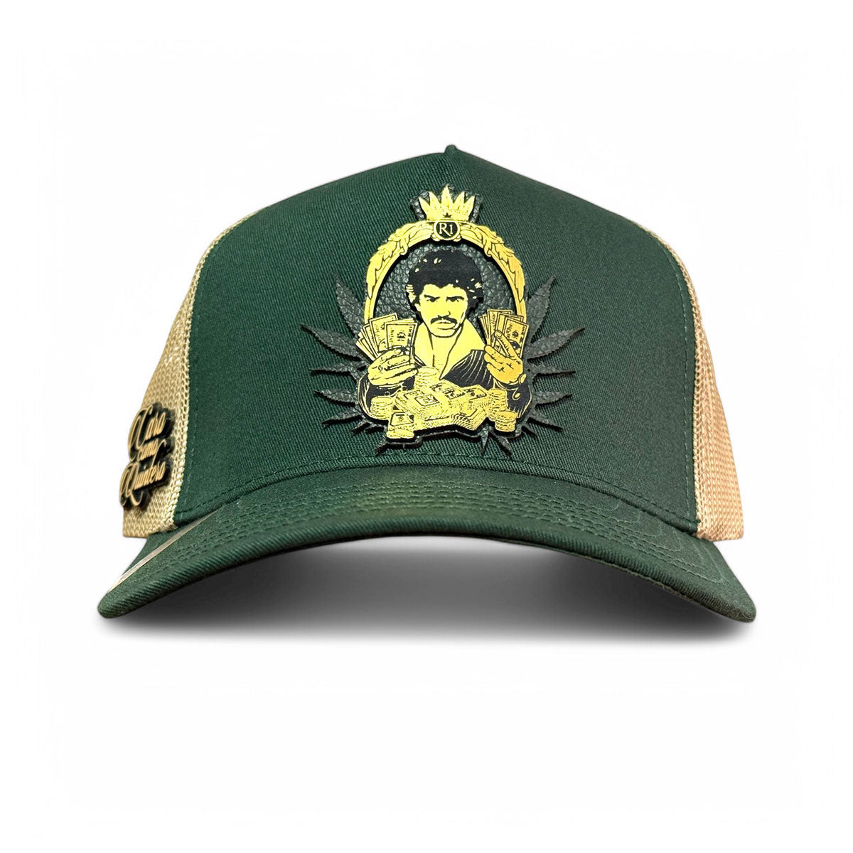 VAGO Style CARO COMO QUINTERO Gorra Unica Artesanal Verde Obscuro y Malla Dorada Ajustable con Viser