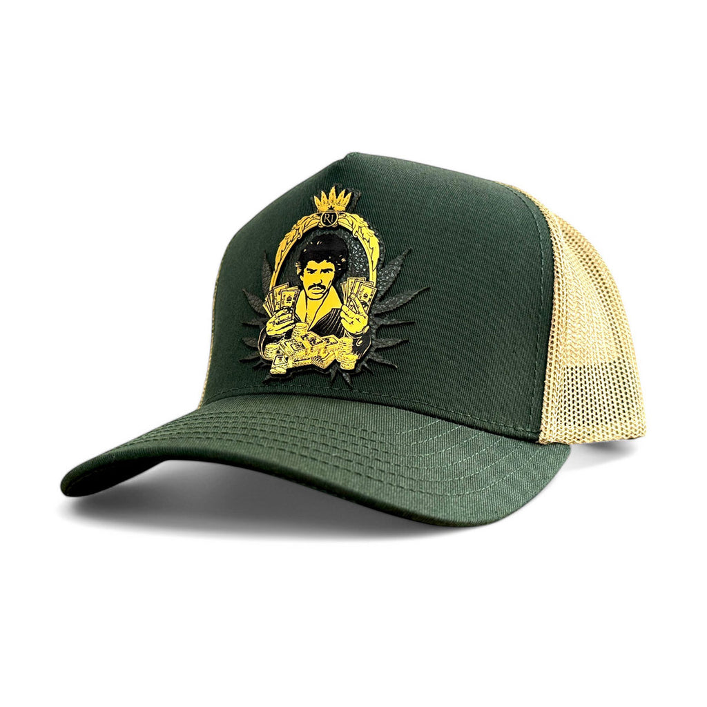 VAGO Style CARO COMO QUINTERO Gorra Unica Artesanal Verde Obscuro y Malla Dorada Ajustable con Viser