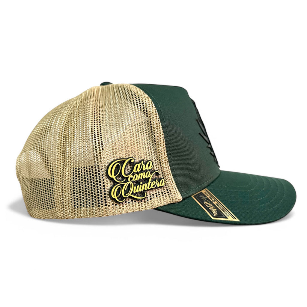 VAGO Style CARO COMO QUINTERO Gorra Unica Artesanal Verde Obscuro y Malla Dorada Ajustable con Viser