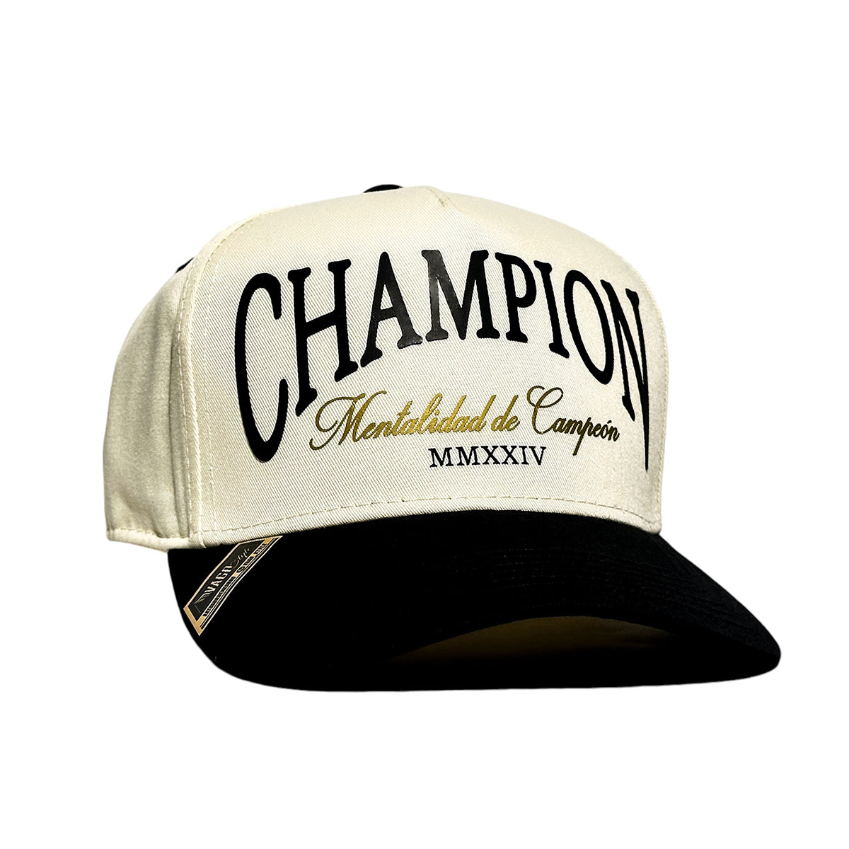 VAGO Style CHAMPION Gorra Unica Artesanal Marfil Ajustable con Visera Curva Negra-Unitalla