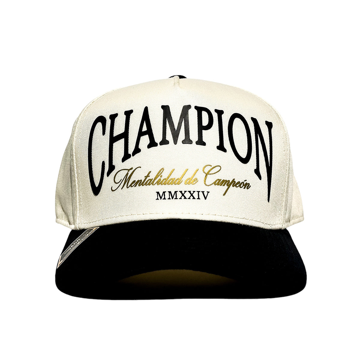 VAGO Style CHAMPION Gorra Unica Artesanal Marfil Ajustable con Visera Curva Negra-Unitalla