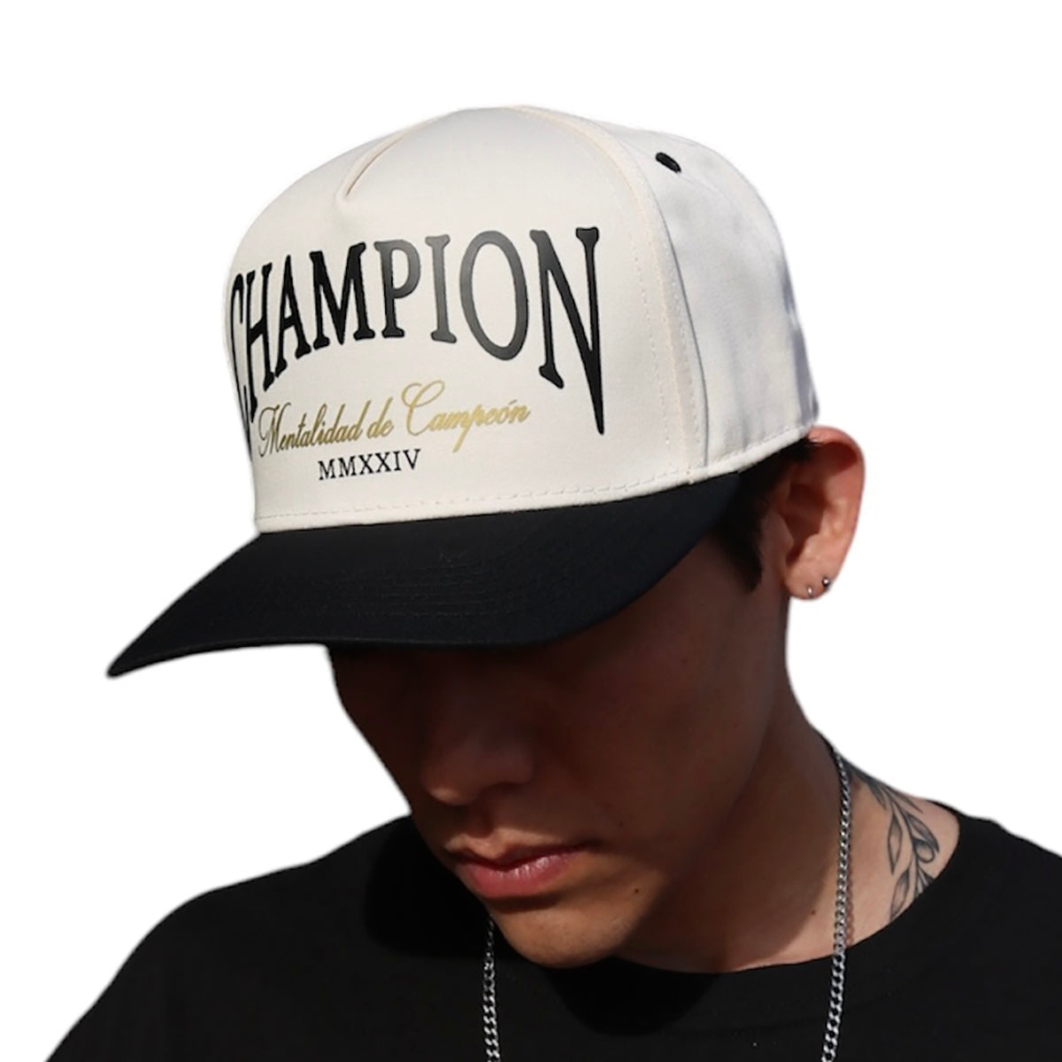 VAGO Style CHAMPION Gorra Unica Artesanal Marfil Ajustable con Visera Curva Negra-Unitalla