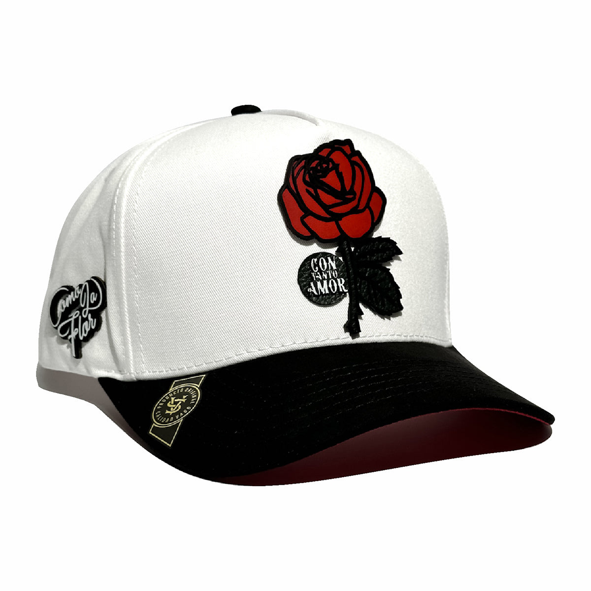 VAGO Style COMO LA FLOR Gorra Unica Artesanal Blanca Ajustable con Visera Curva Negra-Unitalla