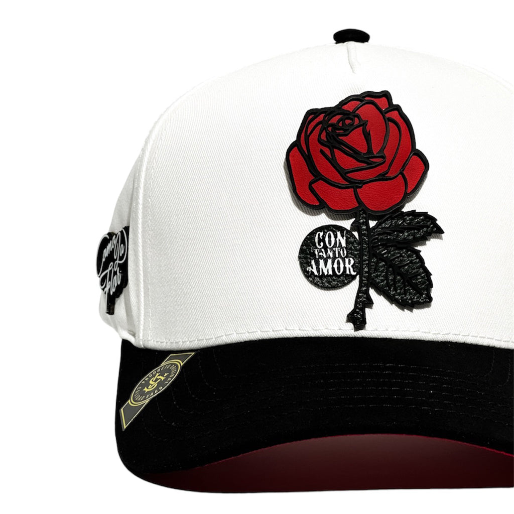 VAGO Style COMO LA FLOR Gorra Unica Artesanal Blanca Ajustable con Visera Curva Negra-Unitalla