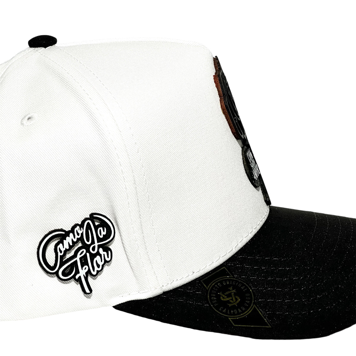 VAGO Style COMO LA FLOR Gorra Unica Artesanal Blanca Ajustable con Visera Curva Negra-Unitalla