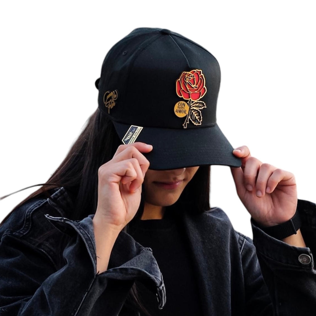 VAGO Style COMO LA FLOR Gold Gorra Unica Artesanal Negra Ajustable con Visera Curva-Unitalla