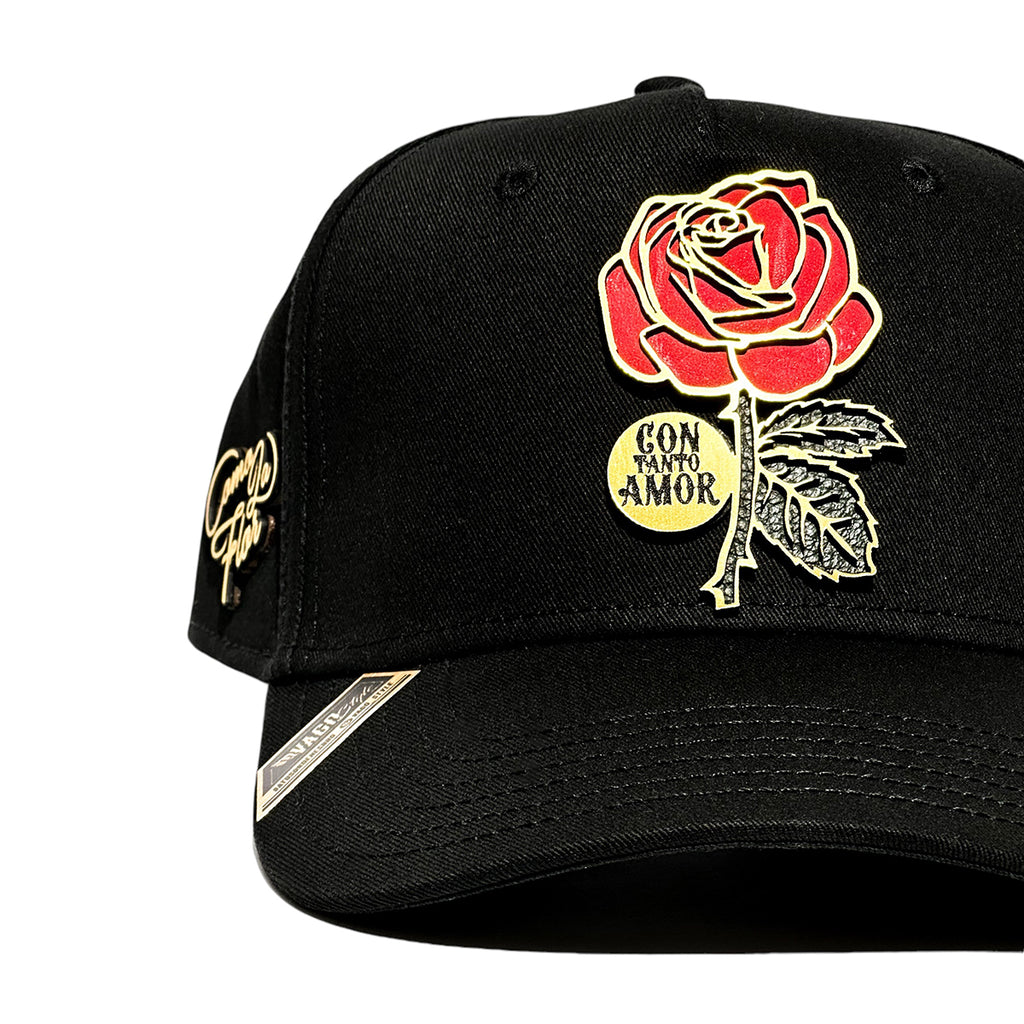VAGO Style COMO LA FLOR Gold Gorra Unica Artesanal Negra Ajustable con Visera Curva-Unitalla