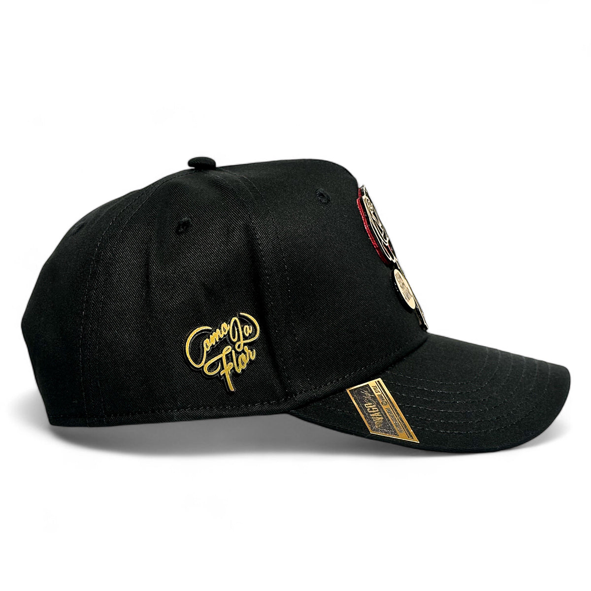 VAGO Style COMO LA FLOR Gold Gorra Unica Artesanal Negra Ajustable con Visera Curva-Unitalla
