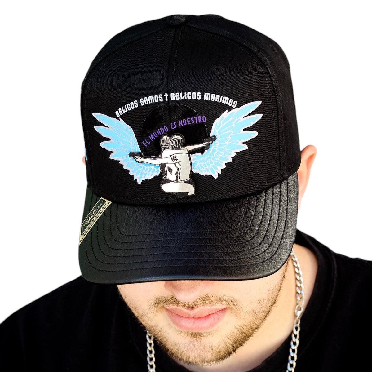 VAGO Style EL AZUL Gorra Unica Artesanal Negra Ajustable con Visera Curva Negra Imitación Piel-Unita