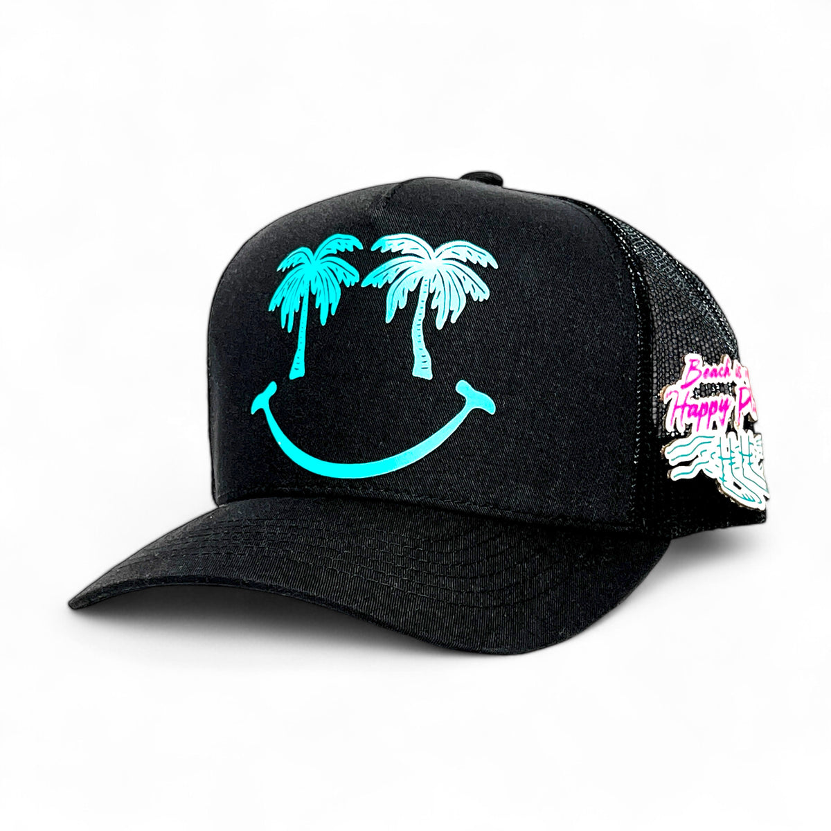VAGO Style HAPPY PLACE Gorra Unica Artesanal Negra Ajustable de Malla con Visera Curva-Unitalla