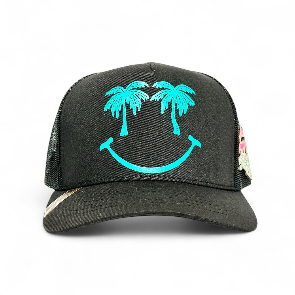 VAGO Style HAPPY PLACE Gorra Unica Artesanal Negra Ajustable de Malla con Visera Curva-Unitalla