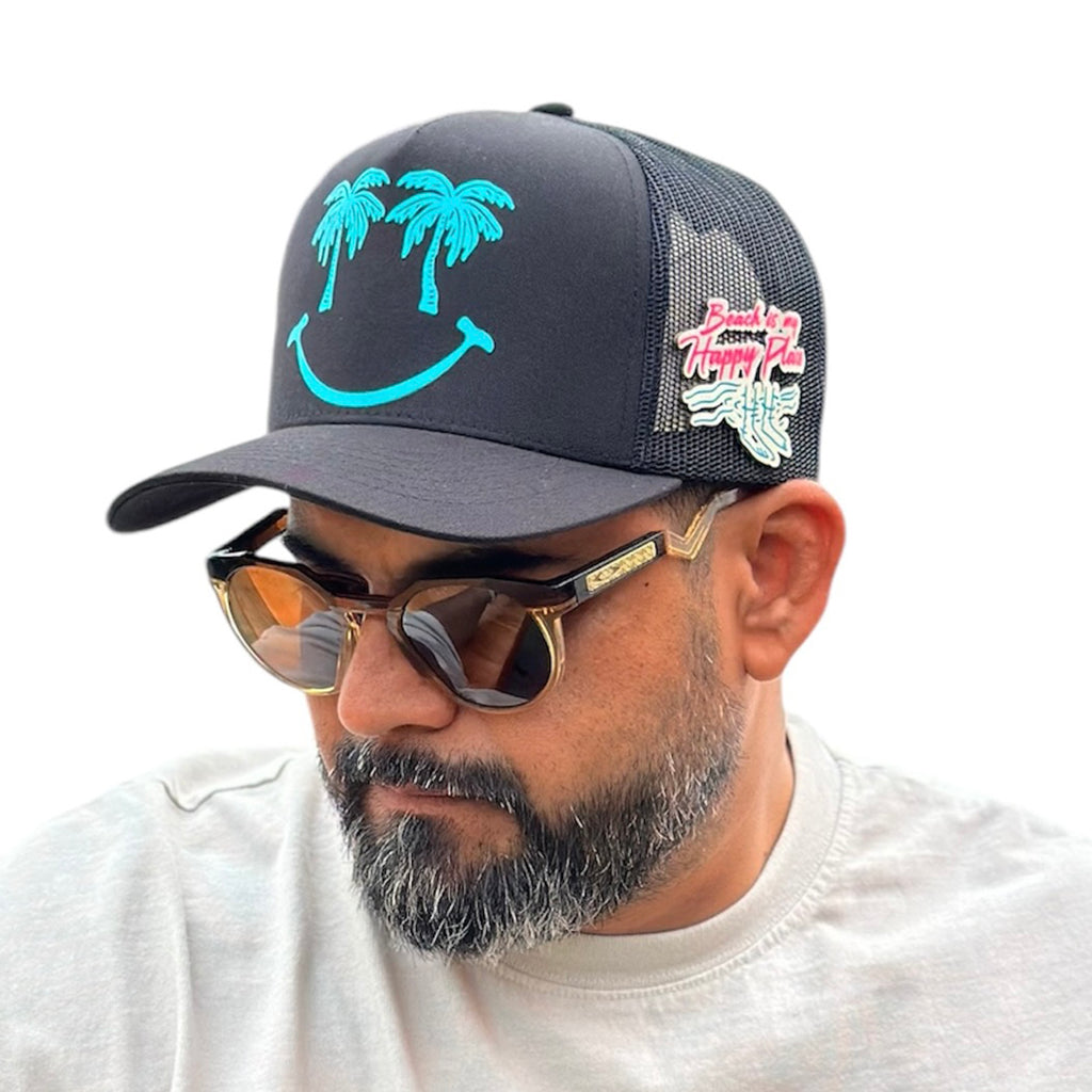 VAGO Style HAPPY PLACE Gorra Unica Artesanal Negra Ajustable de Malla con Visera Curva-Unitalla