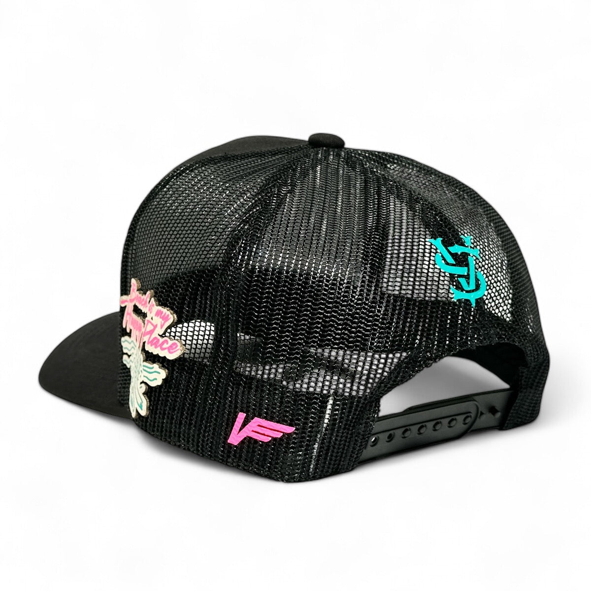 VAGO Style HAPPY PLACE Gorra Unica Artesanal Negra Ajustable de Malla con Visera Curva-Unitalla