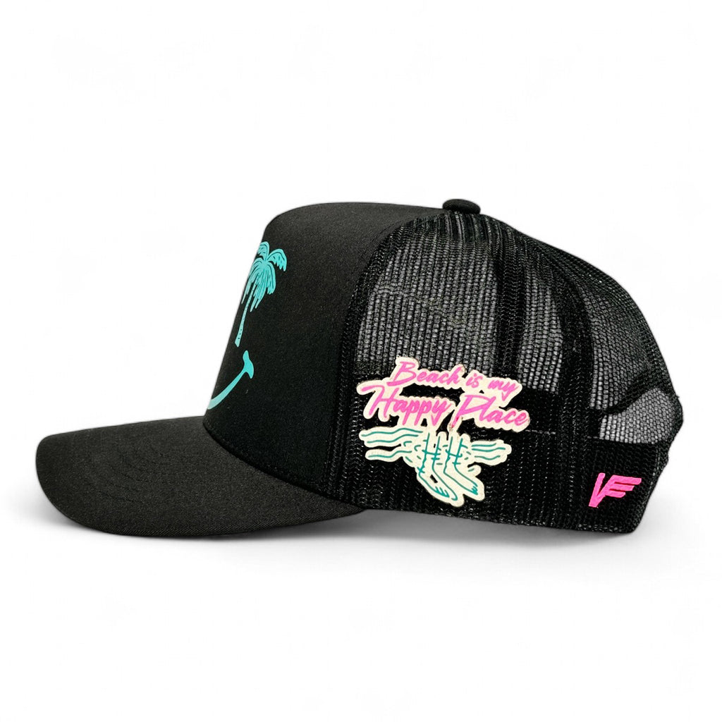 VAGO Style HAPPY PLACE Gorra Unica Artesanal Negra Ajustable de Malla con Visera Curva-Unitalla